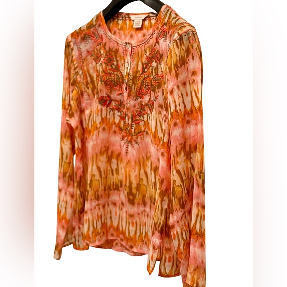 Sundance NWOT Size PL Pretty Orange & Brown Semi-Sheer Long Sleeve Blouse (0635) - Picture 3 of 14